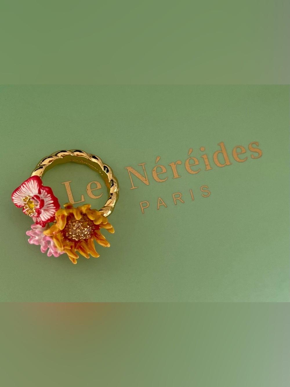🌻 Les Néréides Sunflower Poppy Floral Statement Ring Rare Enamel Flower Ring